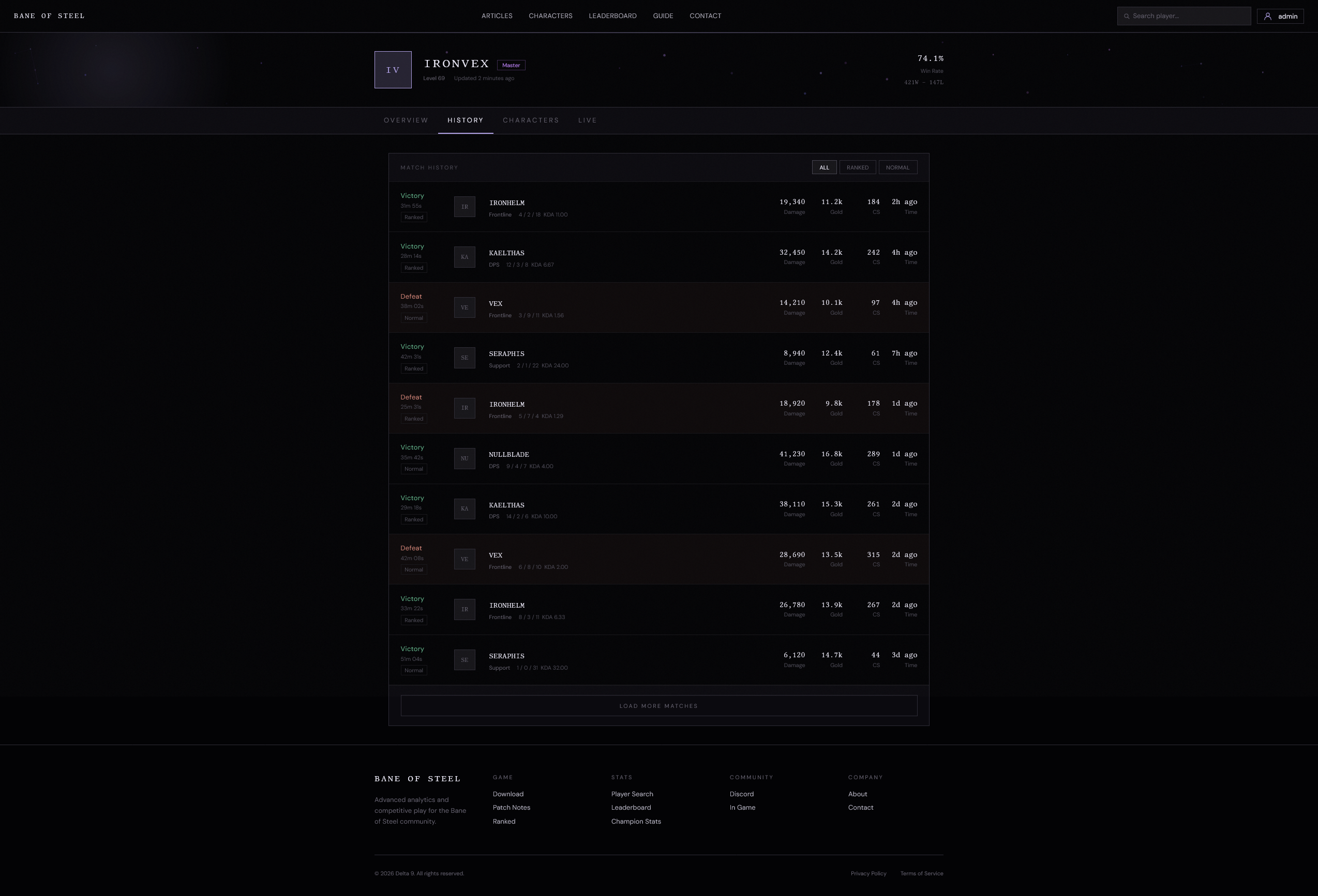 player profile, match history